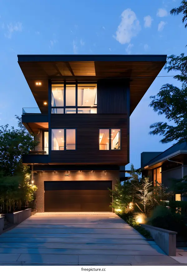 Modern House with Wood Siding at Dusk