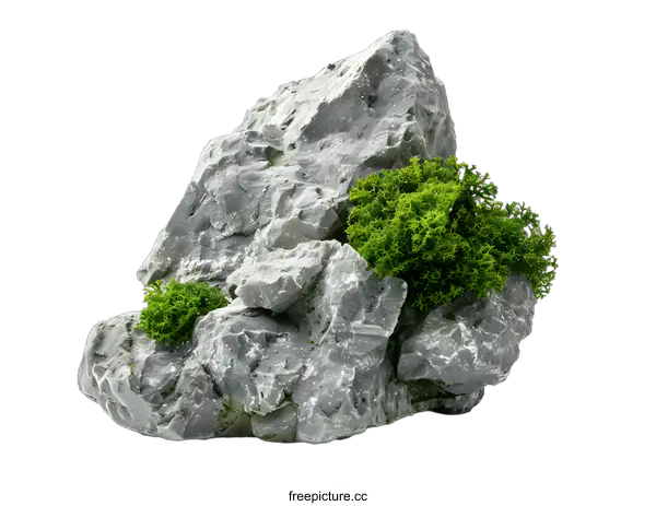 [Transparent Background PNG]Gray Rock with Green Moss Isolated on White Background