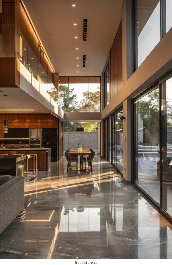 Modern house interior with open floor plan and large windows