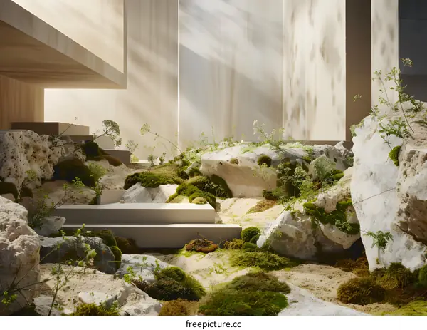 Minimalist Stone and Moss Garden Scene with Sunlight