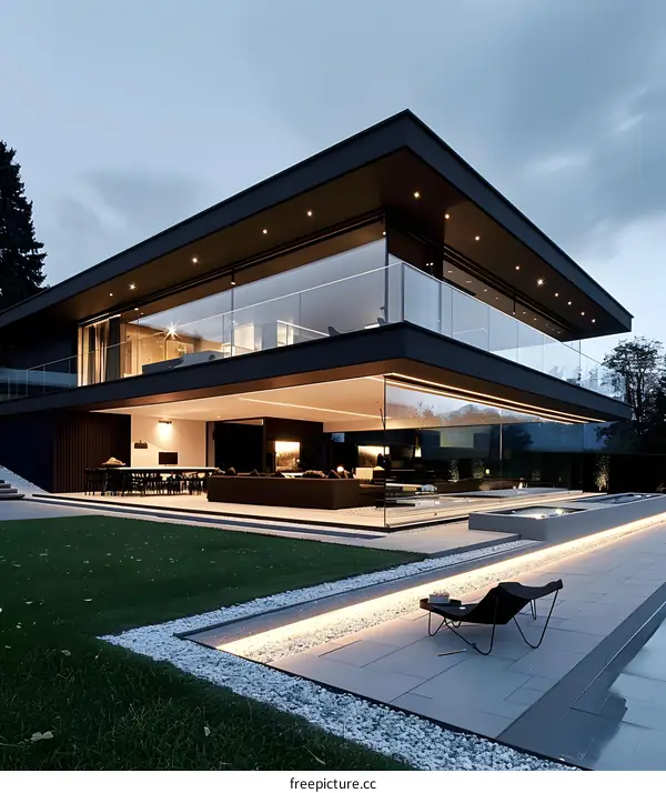 Modern Black House with Large Windows and Glass Railings