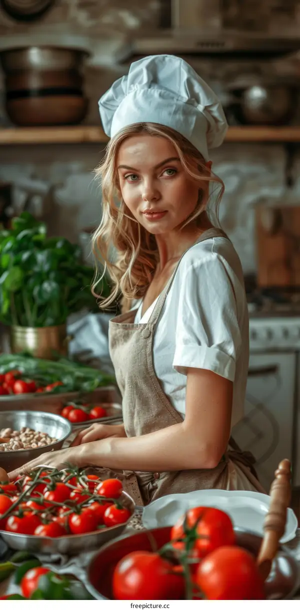 Young Woman Chef in Kitchen with Tomato and Vegetables
