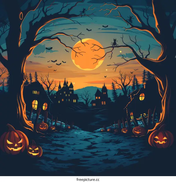 Spooky Halloween Night with Full Moon and Haunted Houses