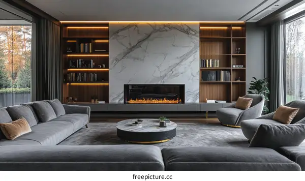 Modern Elegant Living Room Design with Marble Fireplace
