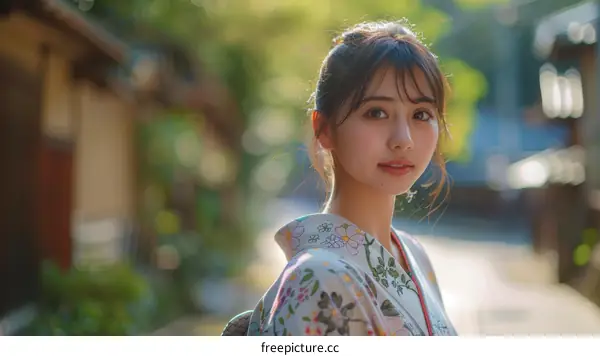Japanese Woman in Traditional Kimono in Japanese Town