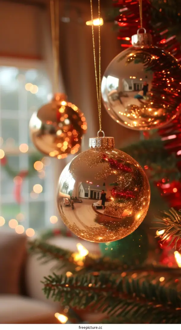 Three Christmas ornaments hanging on a Christmas tree with a blurred background of a living room