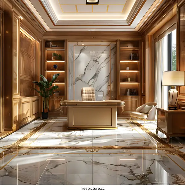 An opulent home office with a large wooden desk, marble walls, and a luxurious armchair.