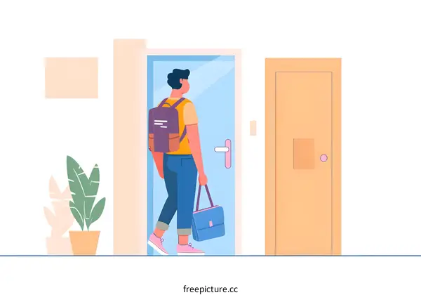 Young Man Leaving Home With Backpack and Briefcase