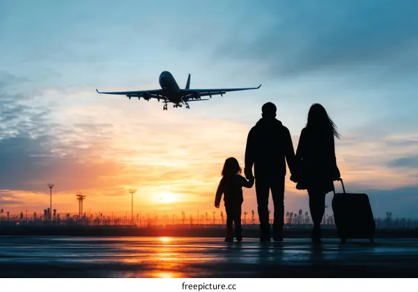 Family Departure at Airport Sunset Silhouette