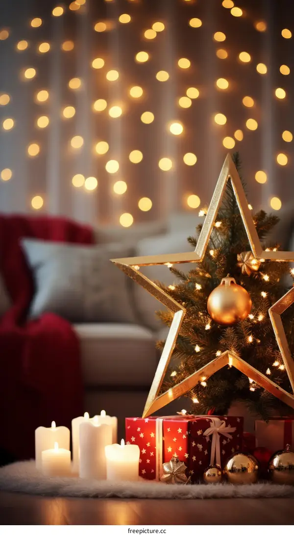 A beautiful Christmas tree with a gold star on top and presents under it