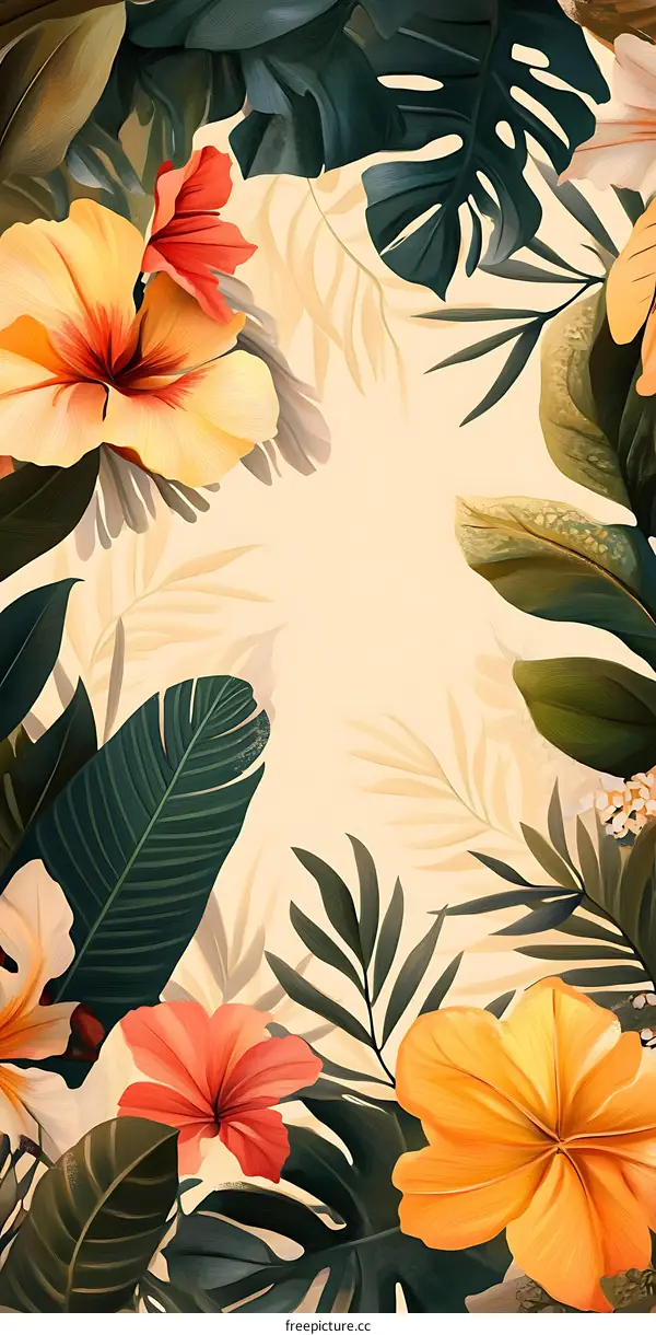 Tropical Flower Watercolor Painting With Green Leaves