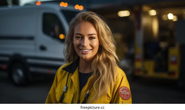 Portrait of a smiling female firefighter in front of a fire truck