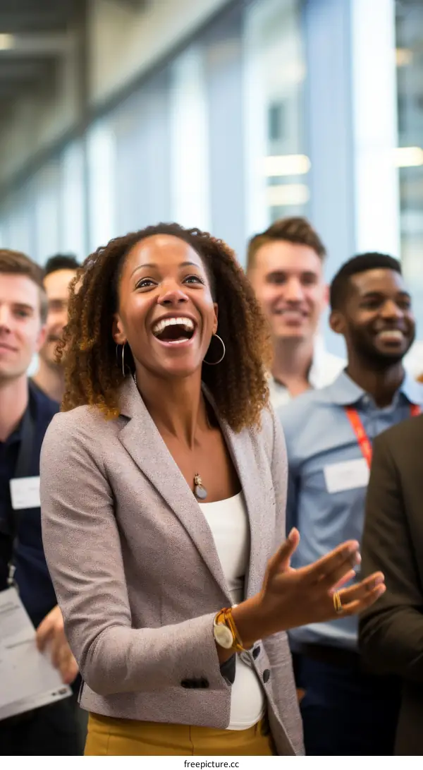 Laughing businesswoman with group of business people in background