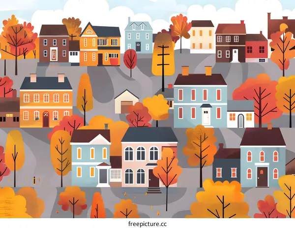 Autumn Village Houses Illustration
