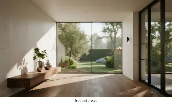 Modern bright interior with large glass windows and outdoor view