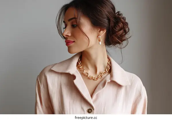 Elegant Woman in Pastel Shirt with Gold Jewelry