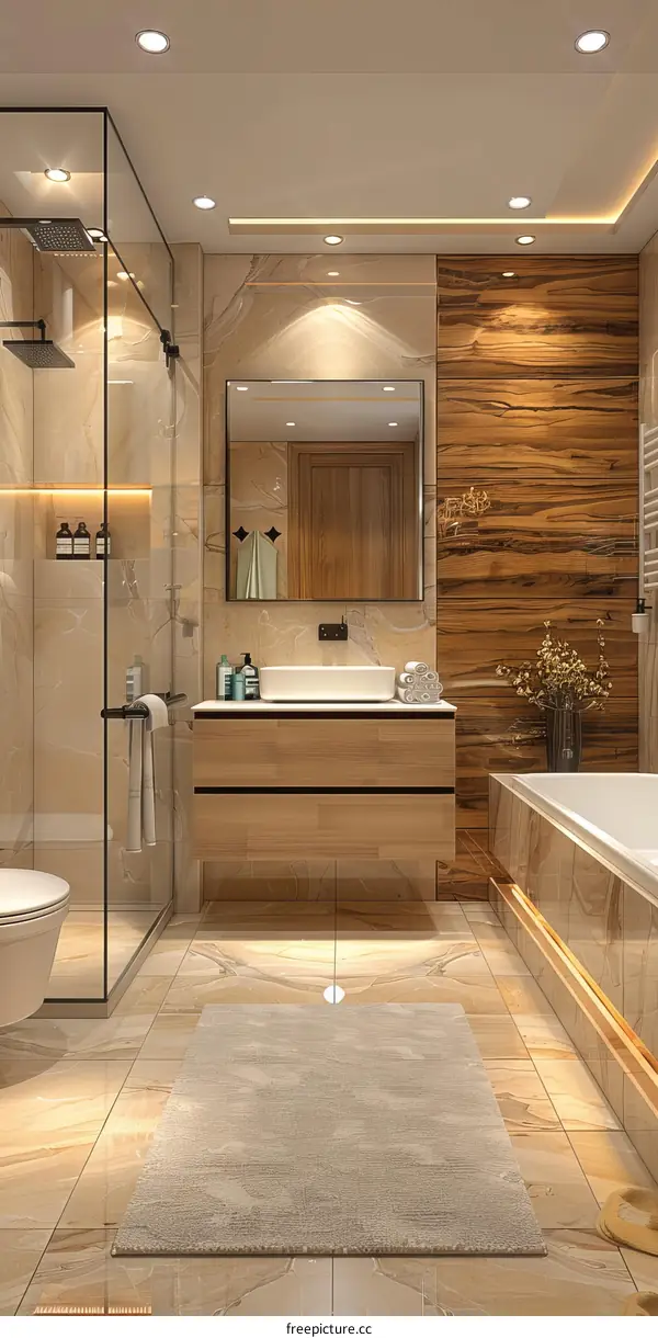 Contemporary Bathroom With Bathtub And Mirror Vanity