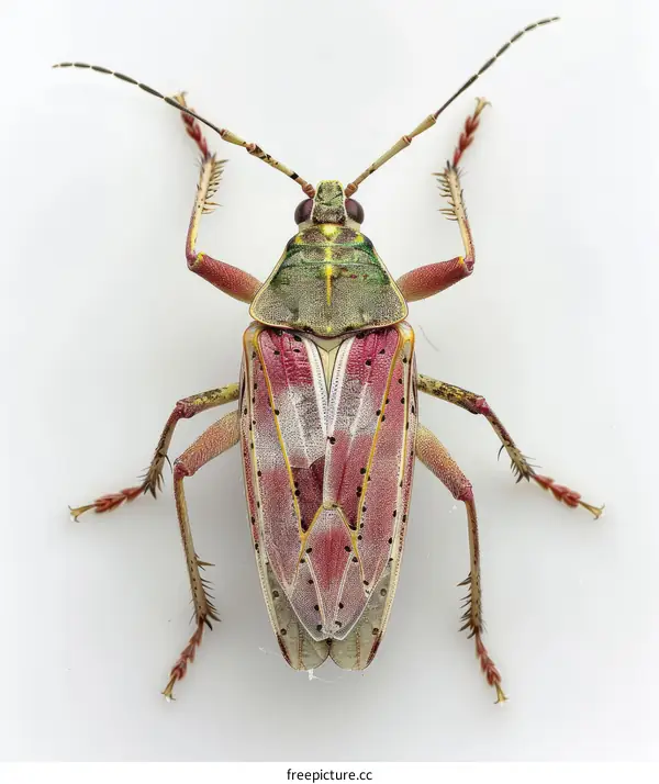 A colorful stink bug rests on a white background