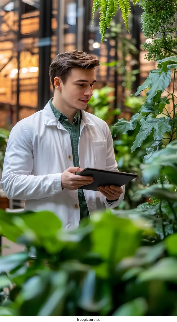 Man in White Coat Uses Tablet While Examining Plants