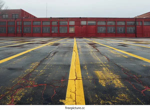 Empty Airplane Hangar with Yellow Lines on the Floor