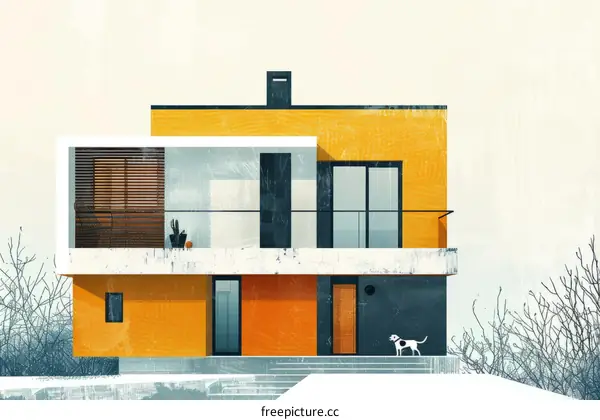 Sunny yellow house with large windows and a dog relaxing outside