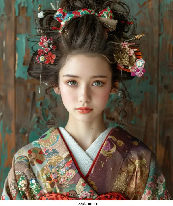 Young Caucasian Girl in Traditional Japanese Kimono