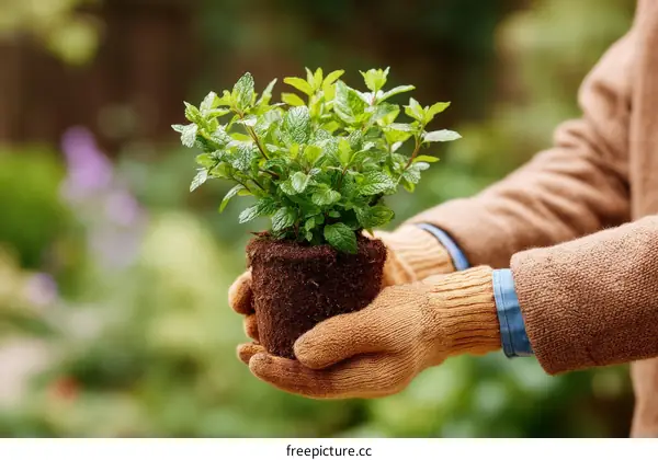 Gardening with Fresh Mint Plant in Hands