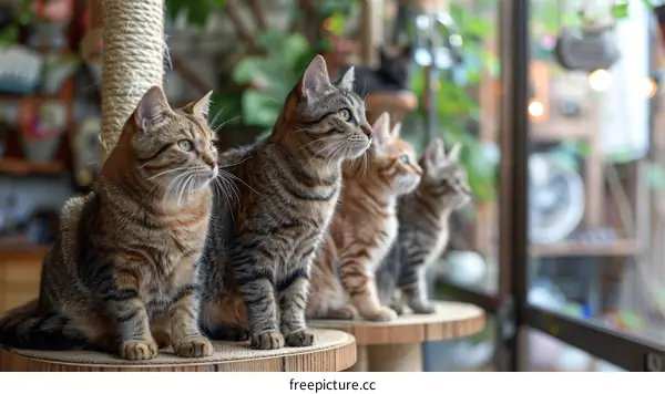 Four cats sitting on a wooden shelf looking out the window