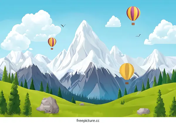 Scenic Mountain Landscape with Hot Air Balloons