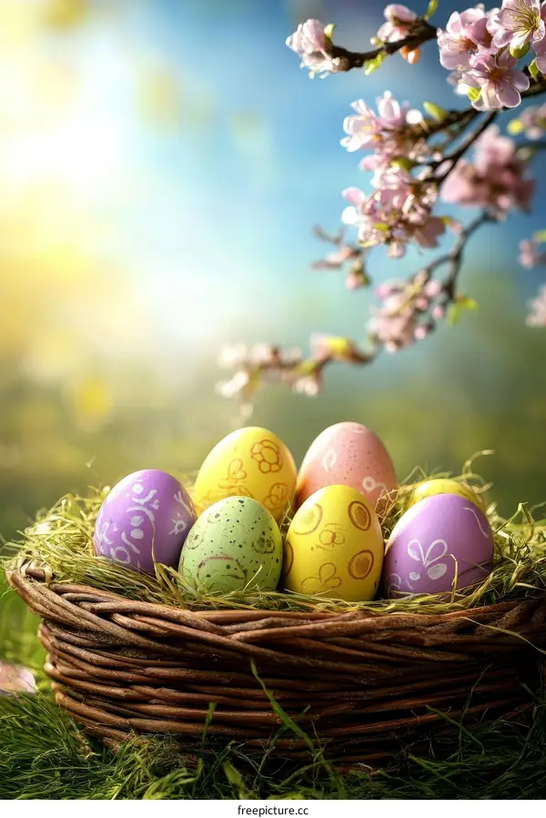 Easter Eggs in a Basket Spring Floral Background
