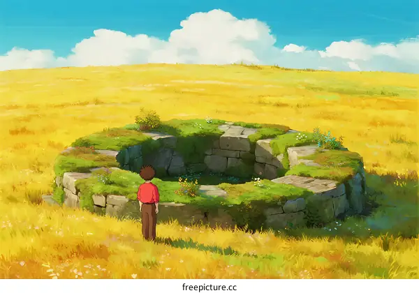 A Boy Standing in Front of an Ancient Stone Well in Golden Field