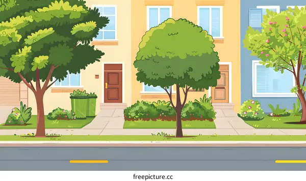 Cartoon illustration of a suburban street with houses and trees