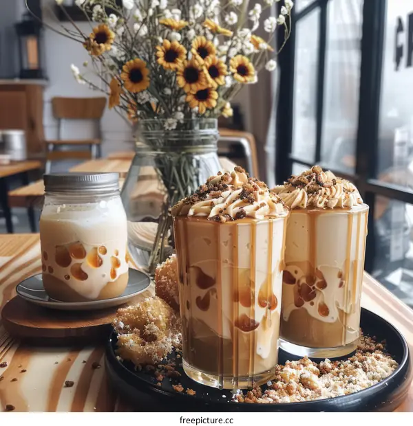 Iced Coffee with Cream and Caramel Drizzle