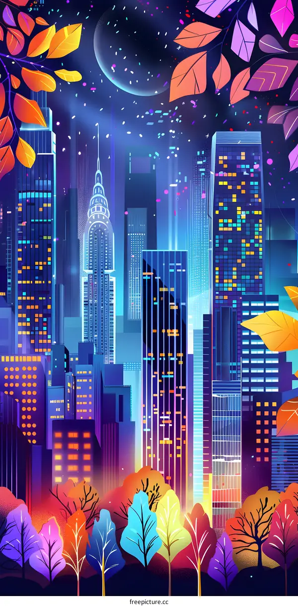 Colorful Cityscape with Skyscrapers and Trees Illustration