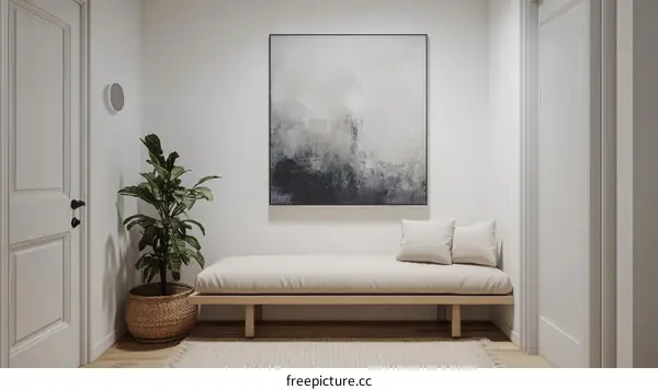 Modern Minimalist Entryway Design with Artwork and Bench
