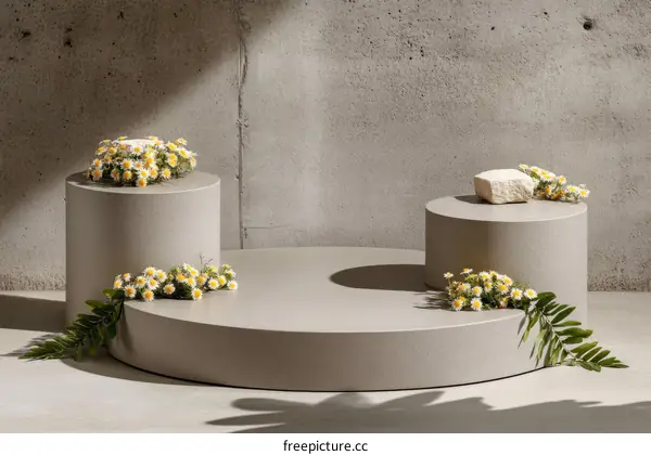 Elegant Gray Cylindrical Display Platforms with Flowers