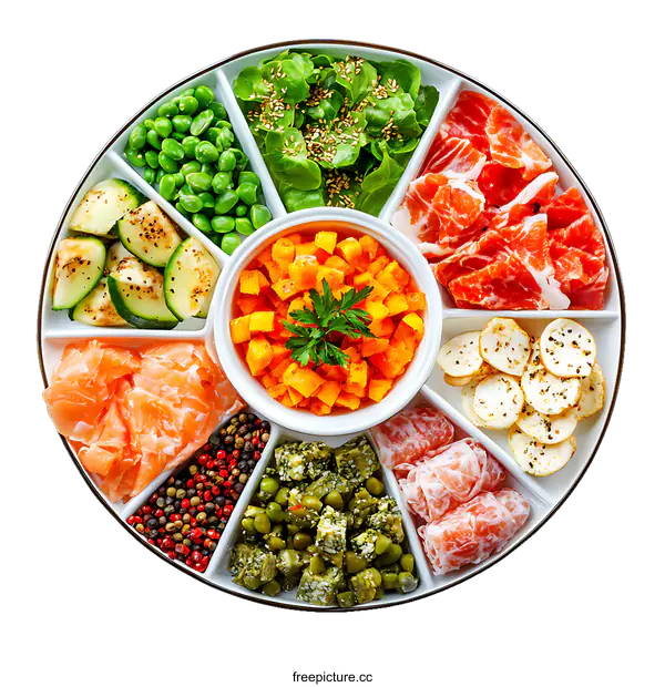 [Transparent Background PNG]Assortment of Colorful Appetizers on a Divided Platter