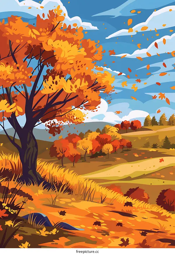 Autumn Landscape Illustration With Yellow Leaves