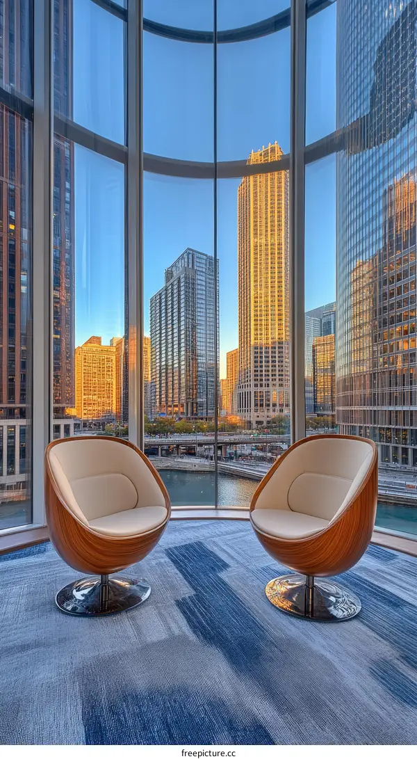 Modern City View Lounge Area with Stylish Chairs