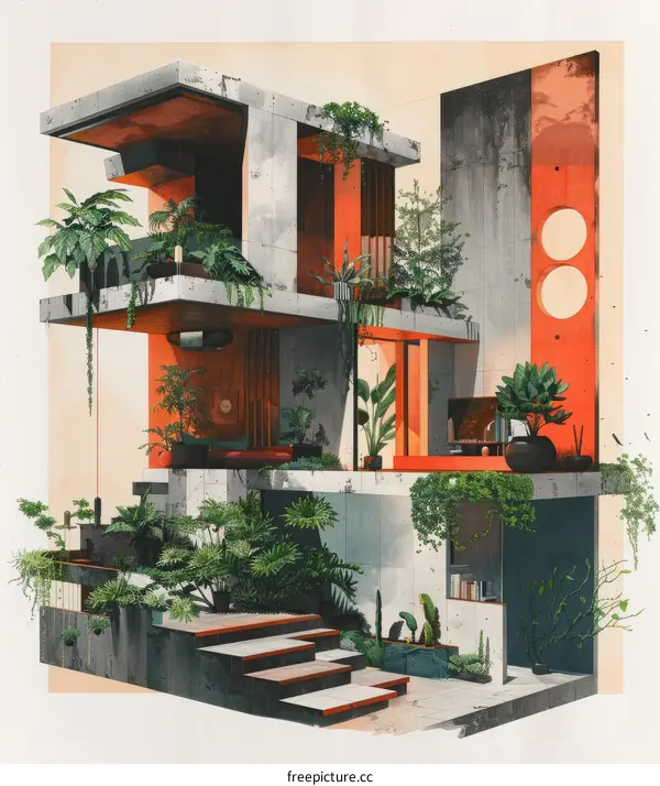 Retro Futuristic Architecture with Plants