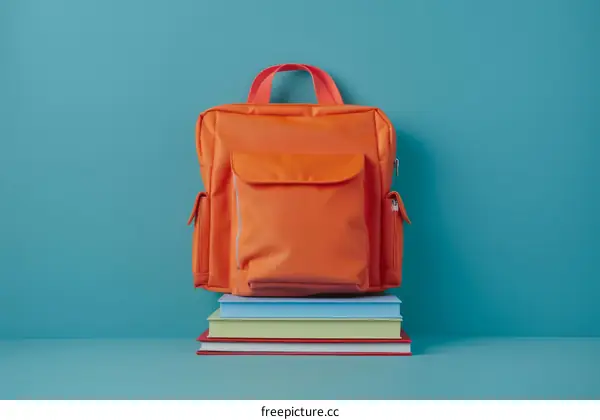 A Bright Orange Backpack Sits on a Stack of Books on a Blue Background