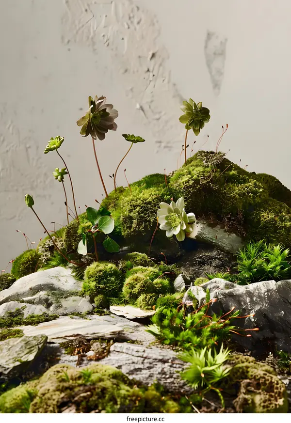 Green Moss and Small Plants Growing on Rock