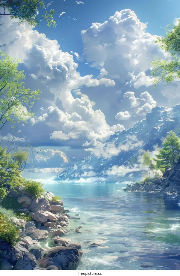 Serene Fantasy Lake Reflected by Majestic Mountains