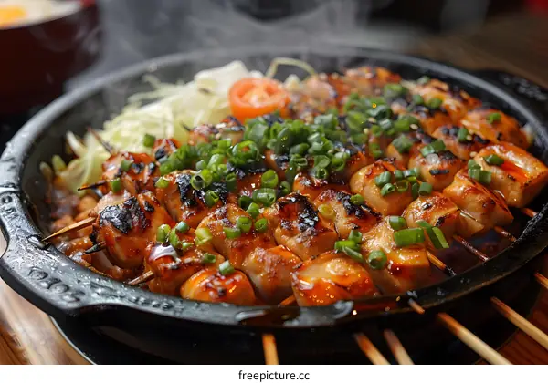 A plate of delicious grilled meat skewers with vegetables