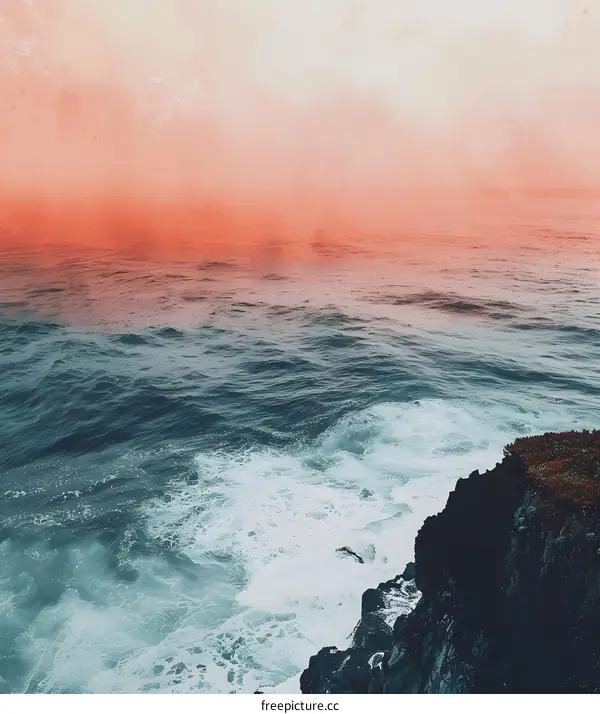 Ocean Waves Crashing On Rocky Coastline Under Red Sky