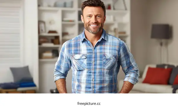 Smiling Man in a Plaid Shirt Indoor Portrait