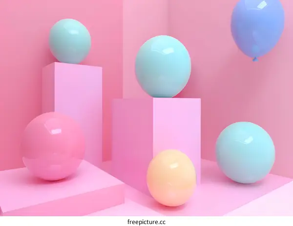 Pastel Colored Spheres and Cubes on a Pink Background