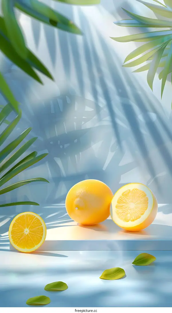 Fresh Lemons and Green Leaves on a Blue Background