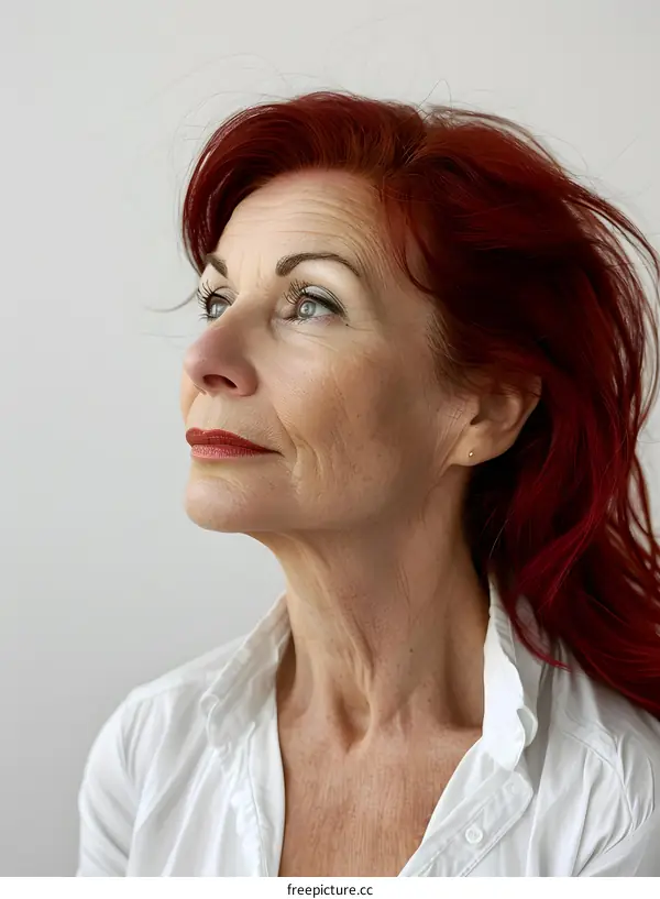 portrait of a redheaded woman in a white shirt looking up