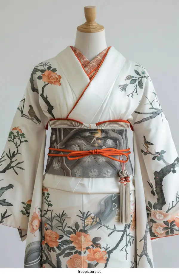 A woman wearing a kimono with a floral pattern and an obi with a bird pattern